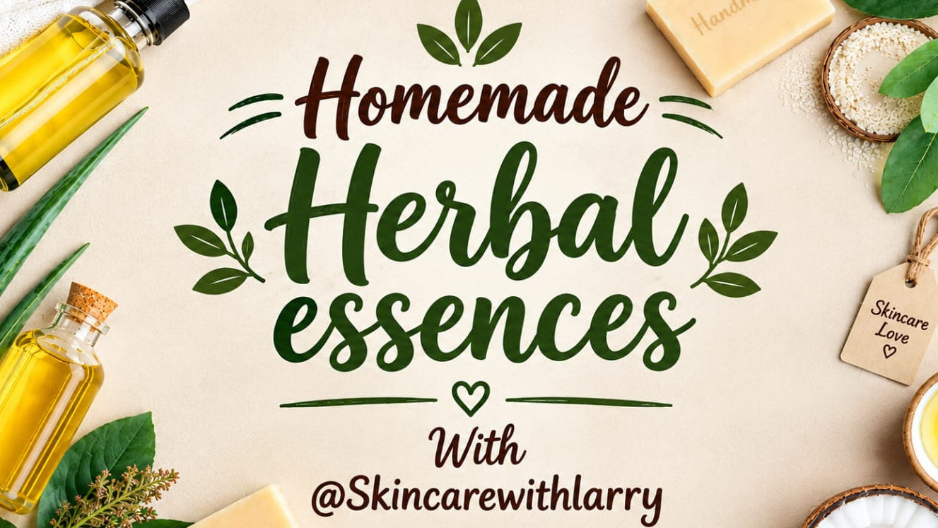 A styled flat-lay graphic with the text 'Homemade Herbal essences With @Skincarewithlarry' centered on a beige background, surrounded by botanical leaves, small glass bottles filled with yellow oil, handmade soap bars, a coconut, and a small bowl of yellow liquid.